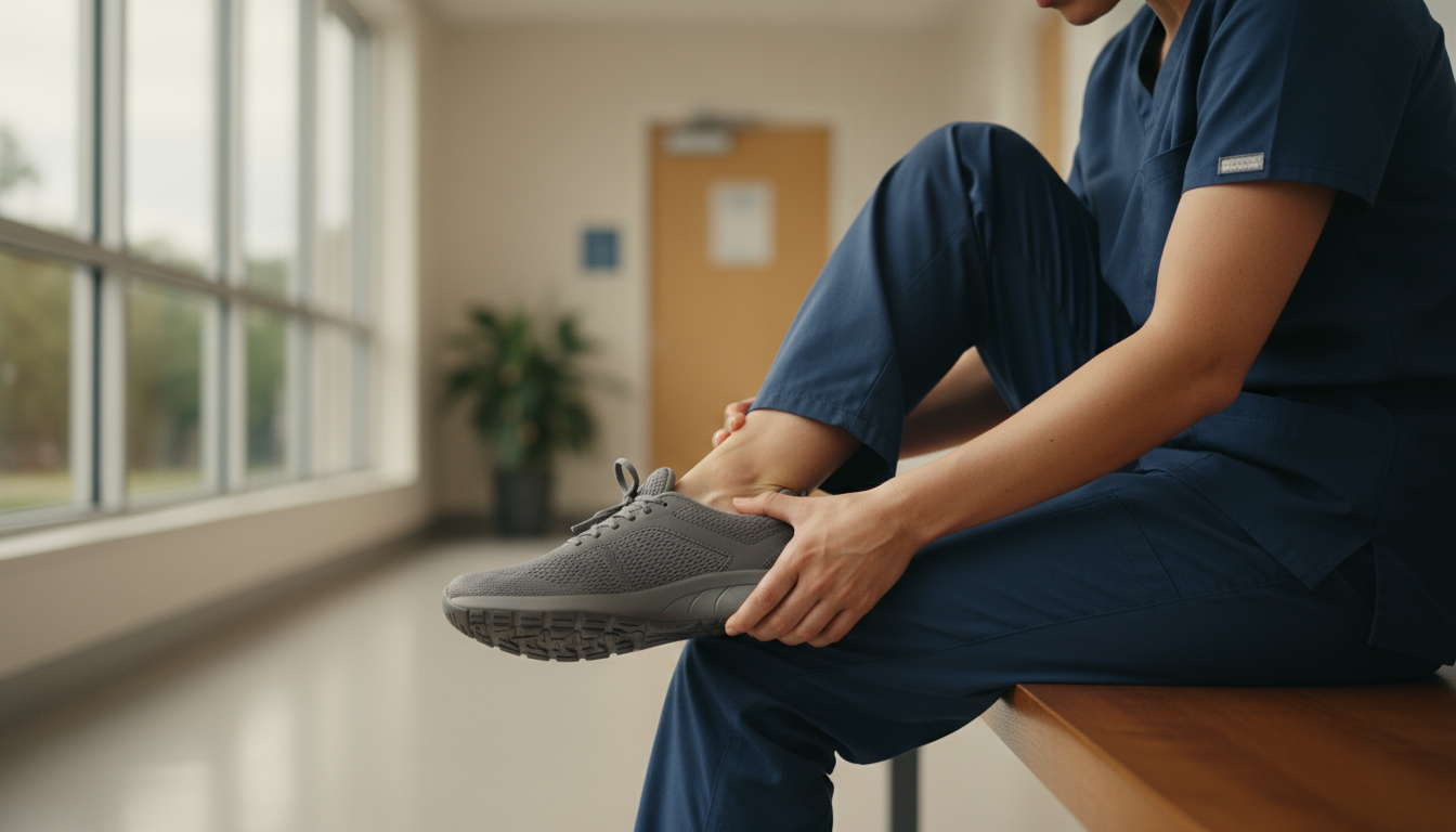 Nurse examining memory foam insoles for foot pain relief after long shifts