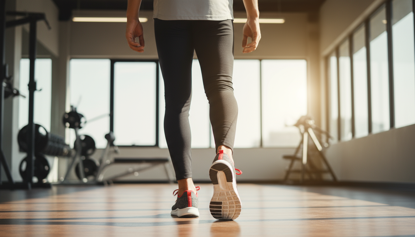 Person suffering from plantar fasciitis pain while walking with CRUVHEAL insoles providing relief