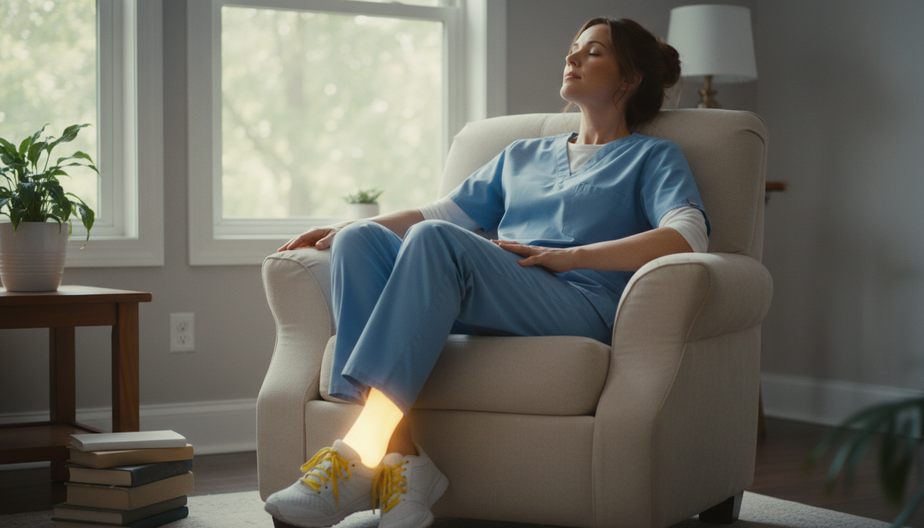 Nurse examining work boot insoles for plantar fasciitis prevention
