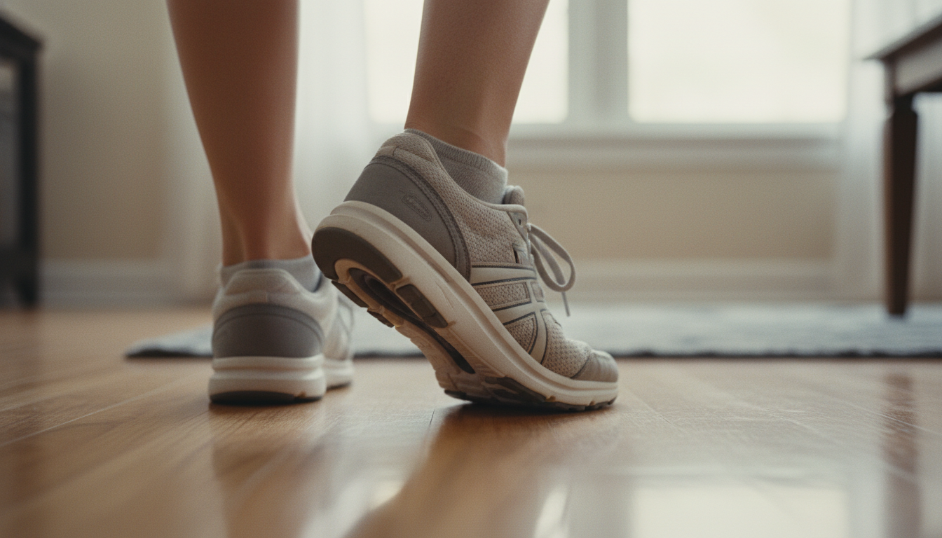 Man experiencing foot pain from overpronation while working at desk