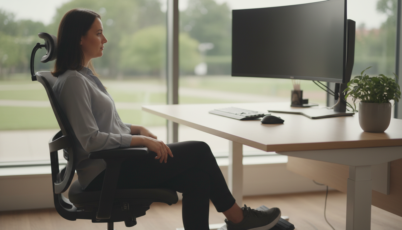 Office worker using ergonomic foot support with proper insoles