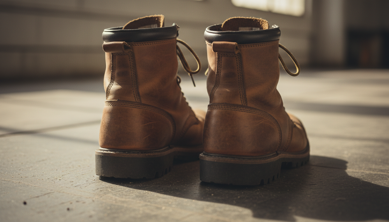 A worker standing on hard concrete flooring wearing work boots with specialized insoles for support