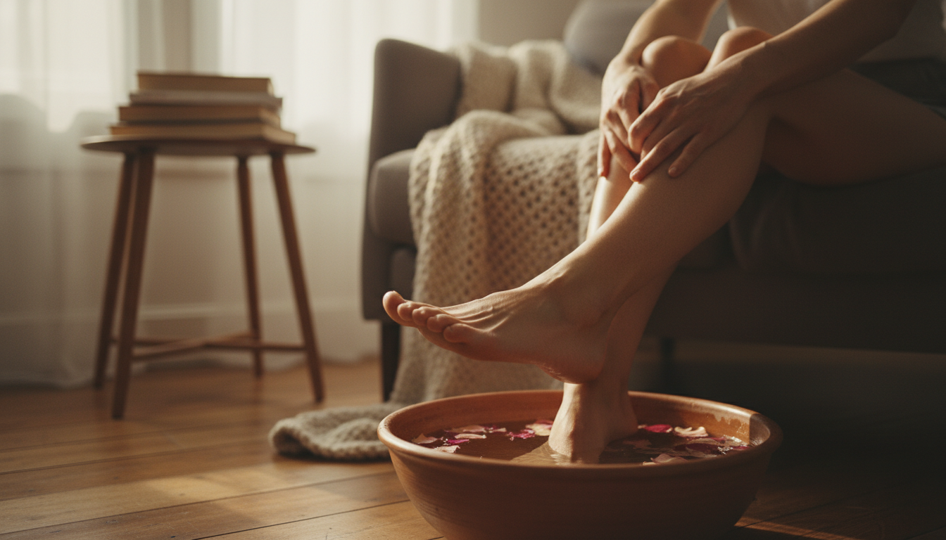 Evening foot recovery routine with memory foam insoles