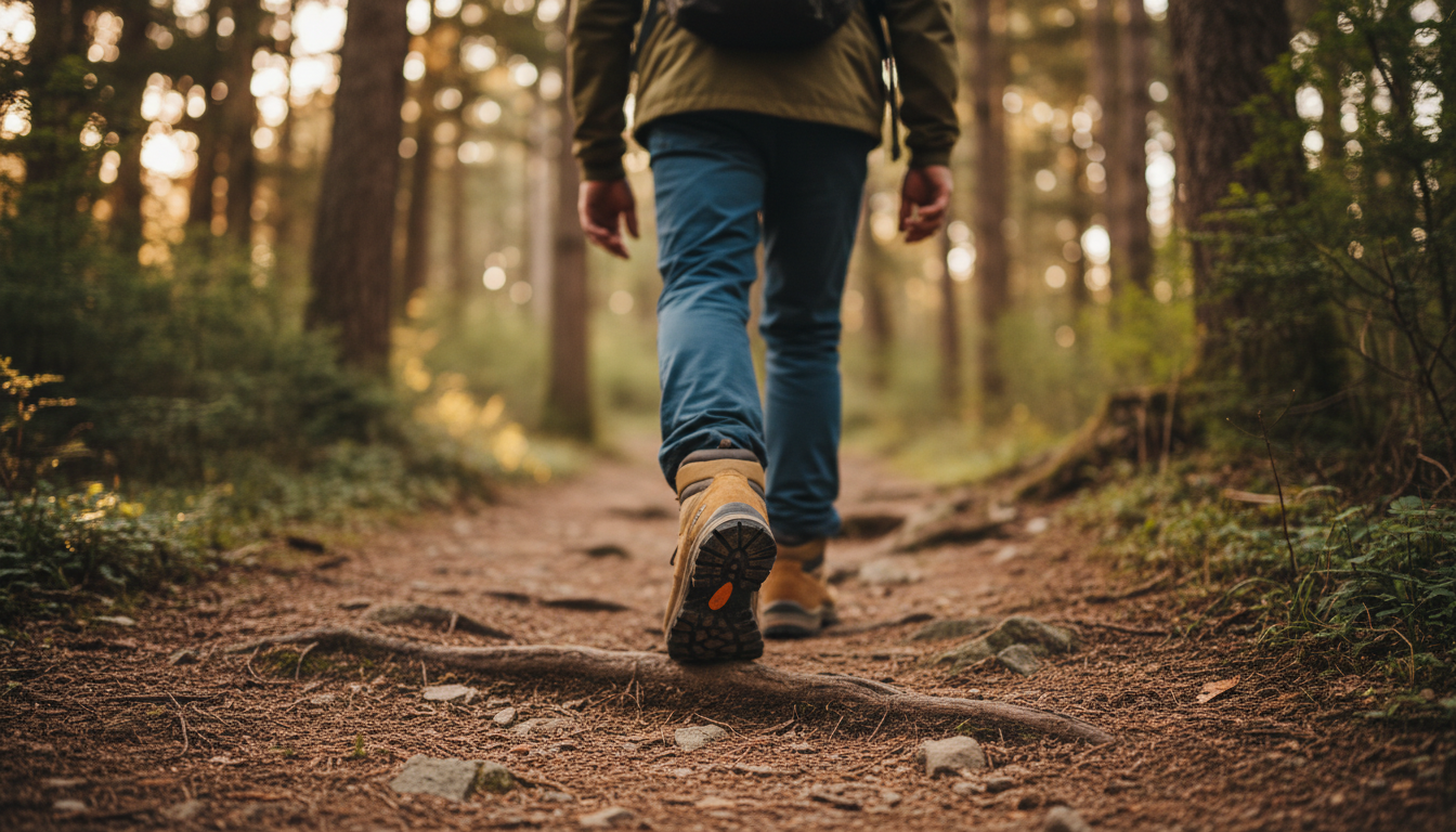 Man walking on varied terrain to strengthen feet and improve coordination