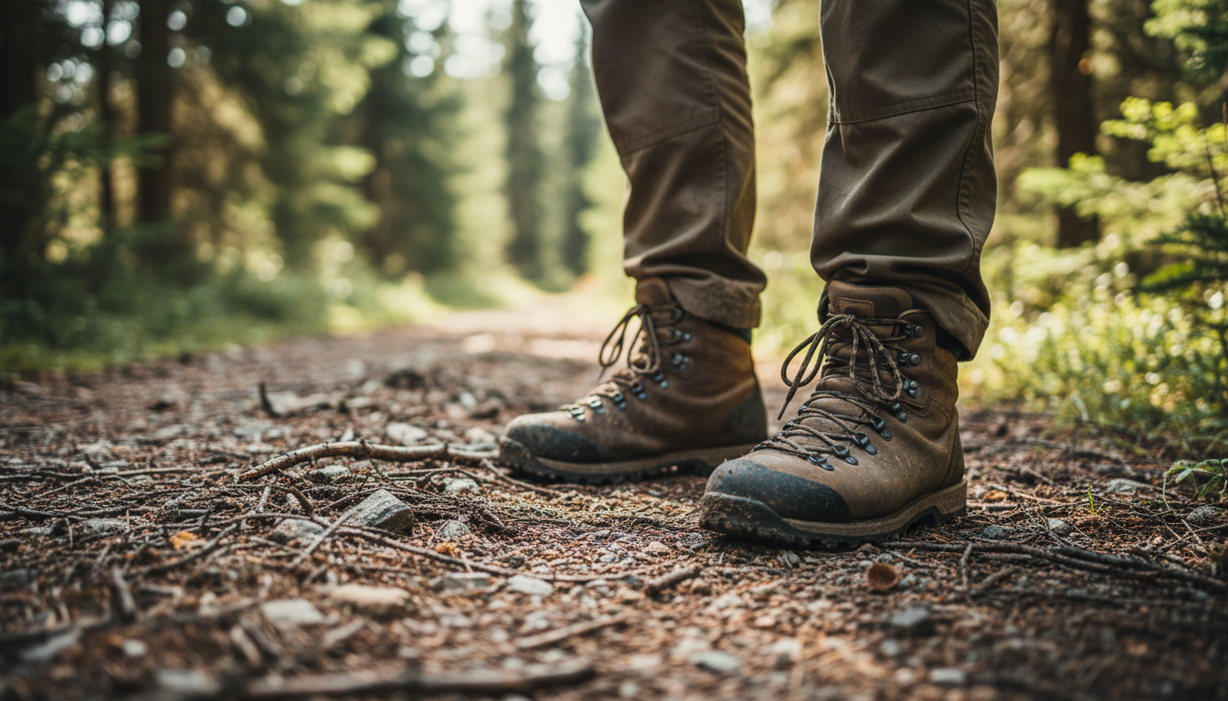 Landscaper working on uneven terrain with protective footwear