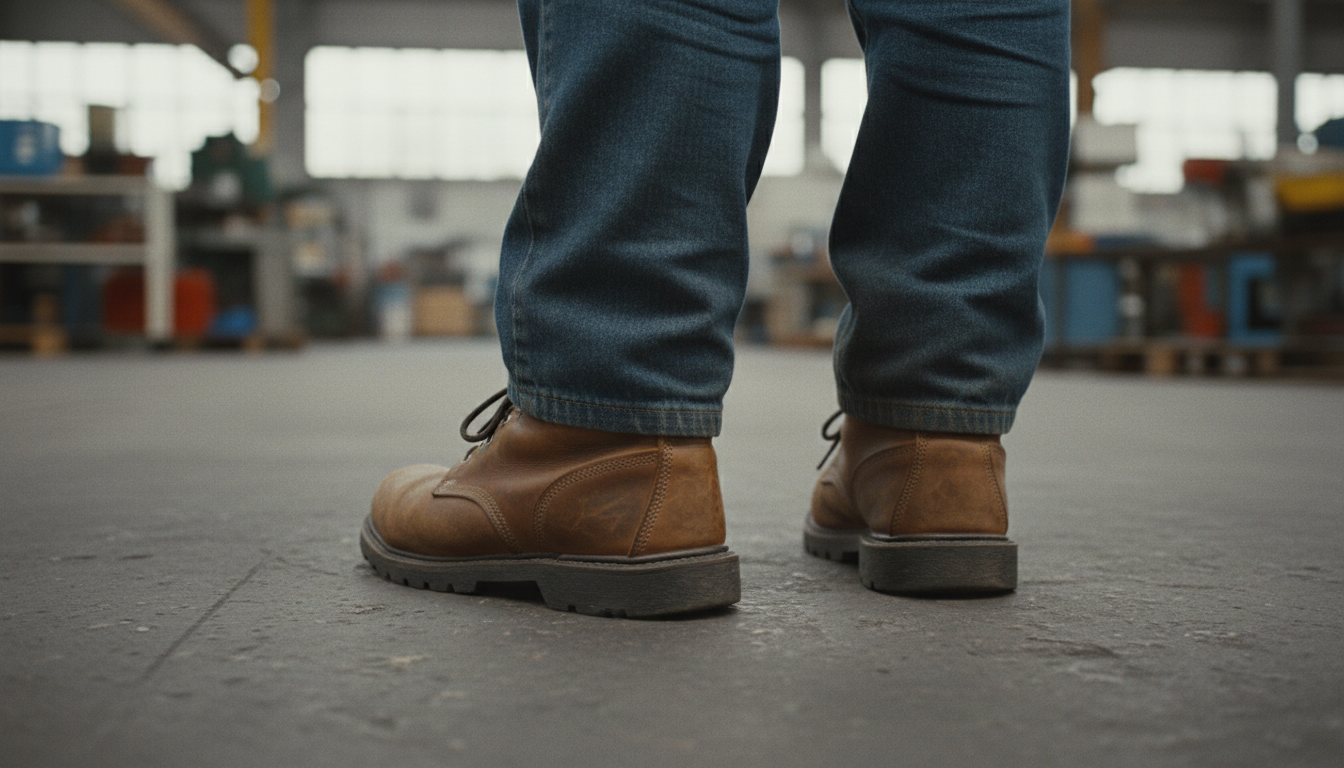 Worker experiencing joint fatigue on hard industrial floor