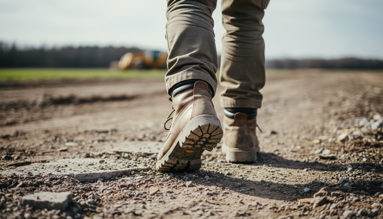 Construction worker's boots on hazardous ground with nails and sharp debris