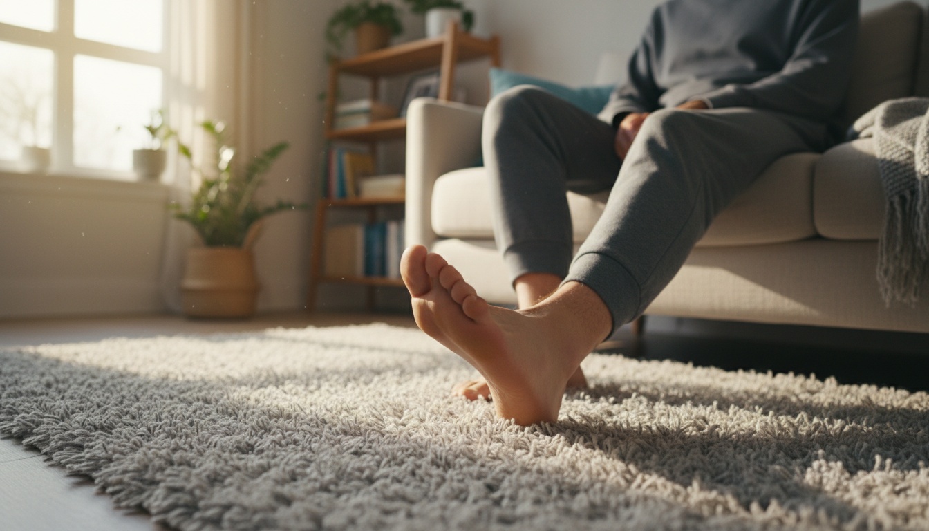 Person wearing comfortable shoes with memory foam insoles, looking focused and happy