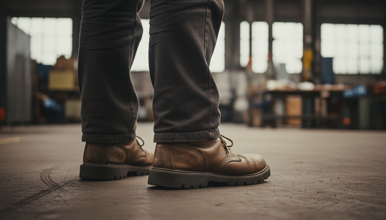 Worker experiencing muscle fatigue from standing on hard floors all day