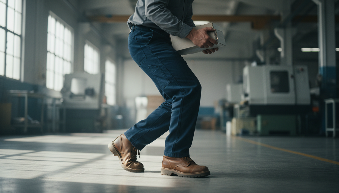 Man in work boots experiencing foot pain from turning and pivoting