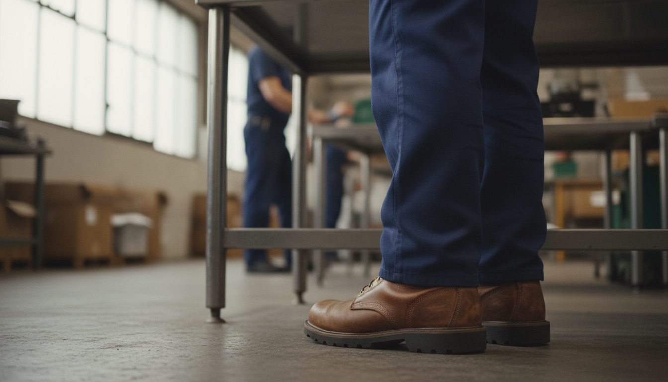 Man experiencing foot pain after long work shift while examining work boot insoles