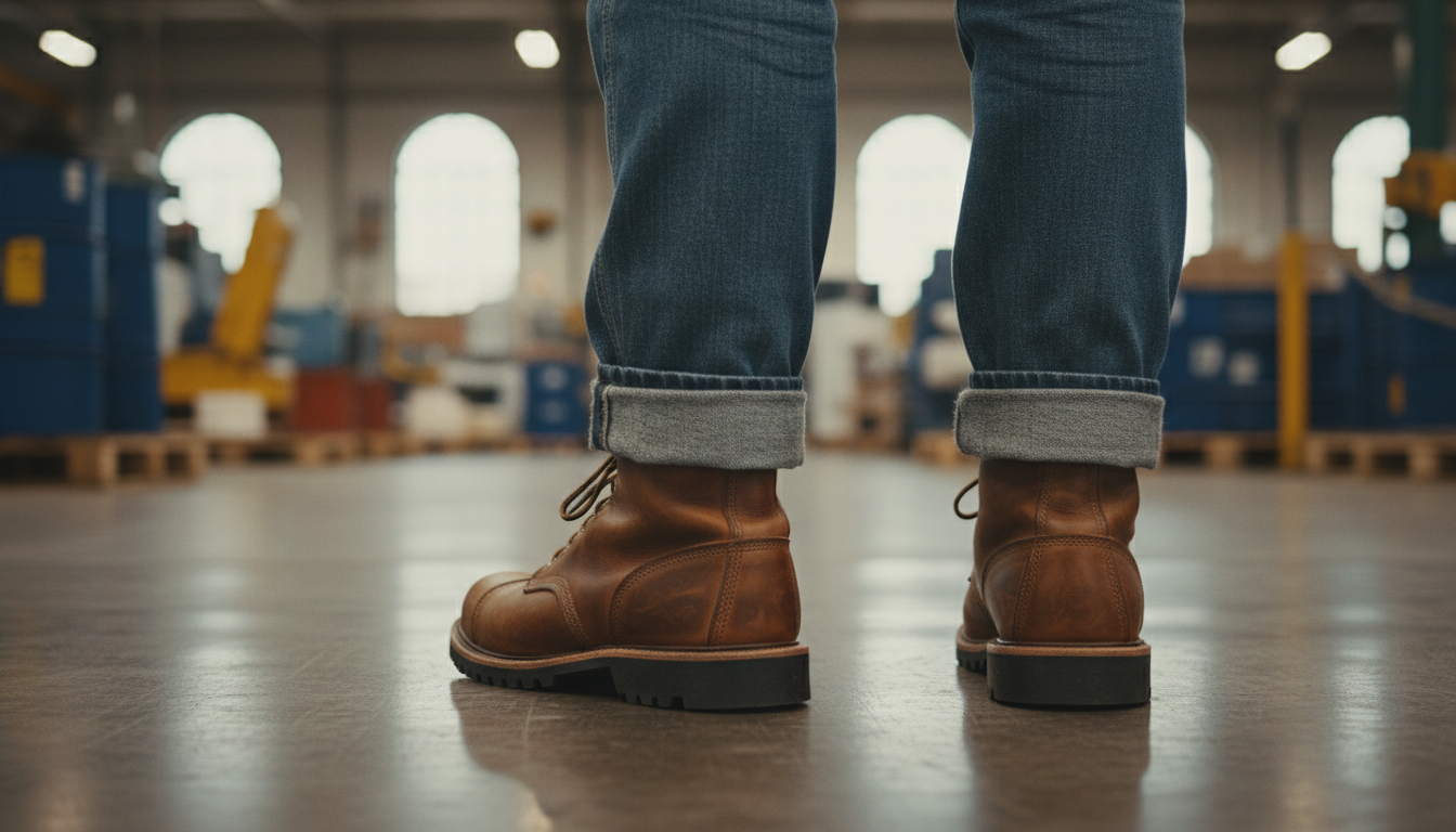 Man experiencing foot pain from standing on hard floors without proper insoles