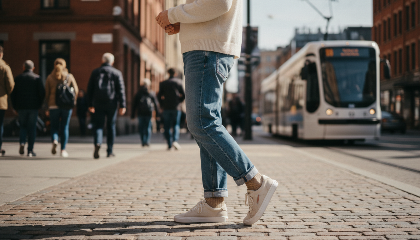 Man experiencing foot pain during commute, showcasing the need for proper insoles in work boots
