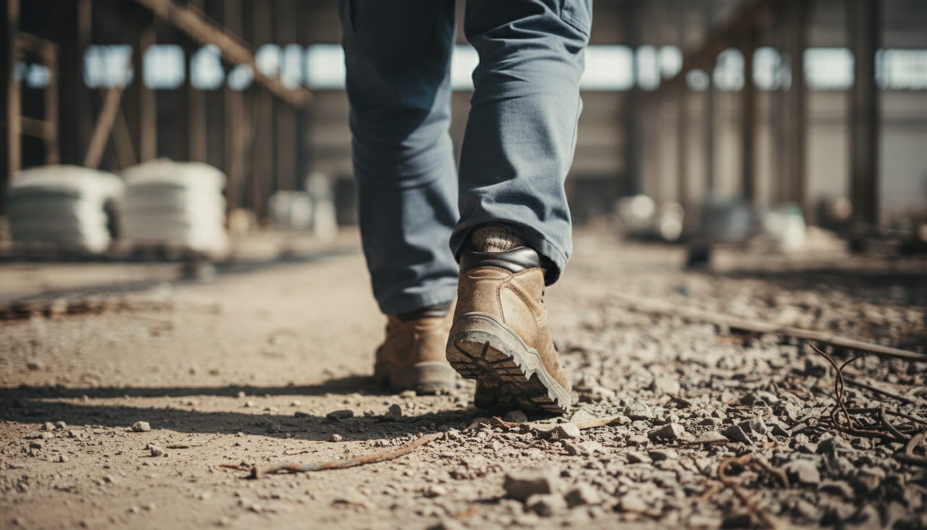 Worker navigating uneven ground with debris that increases injury risk