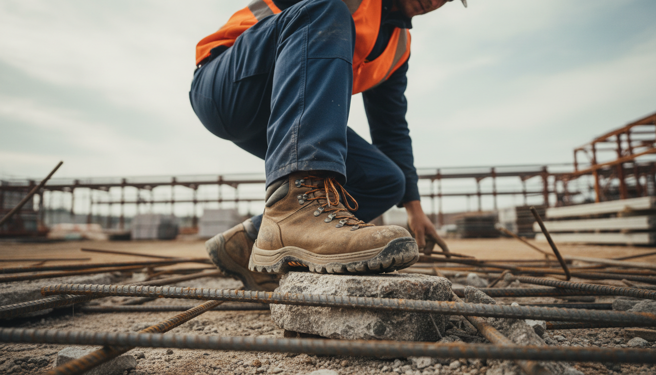 Worker wearing safety boots with puncture resistant insoles in a hazardous work environment