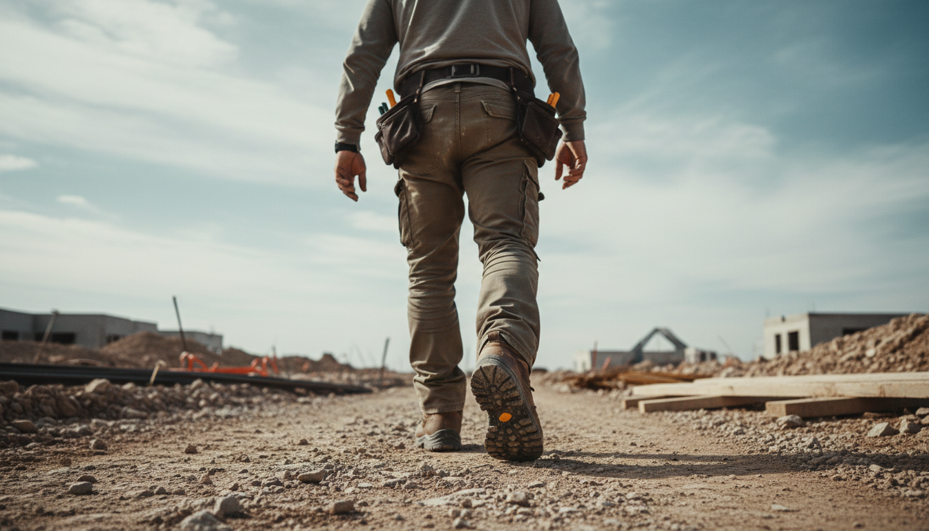 Worker wearing safety boots with puncture resistant insoles in harsh outdoor conditions