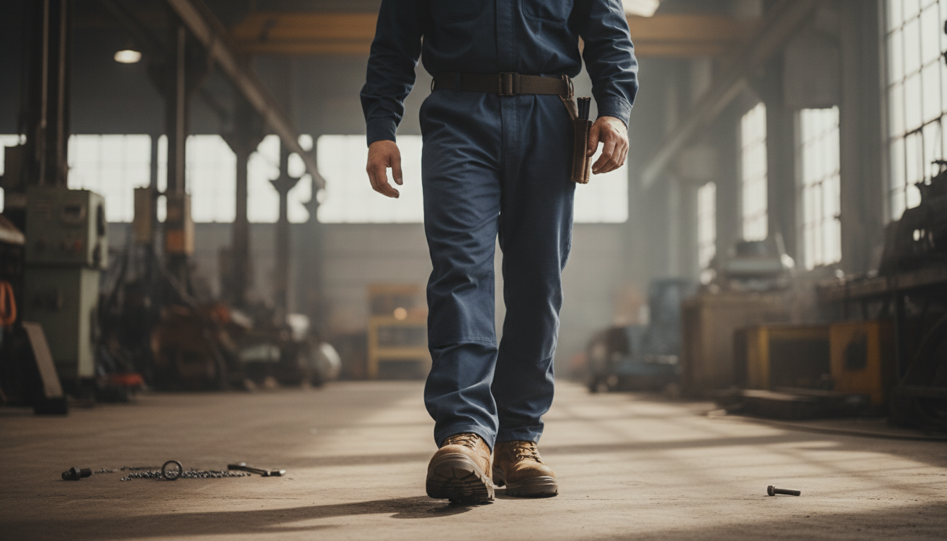 Worker wearing safety boots with puncture resistant insoles on a construction site