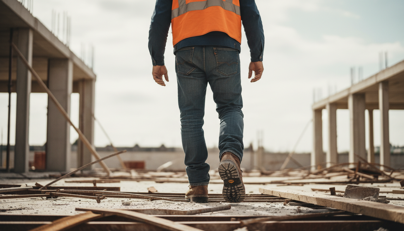 Construction worker wearing safety boots with puncture-resistant insoles on a hazardous worksite