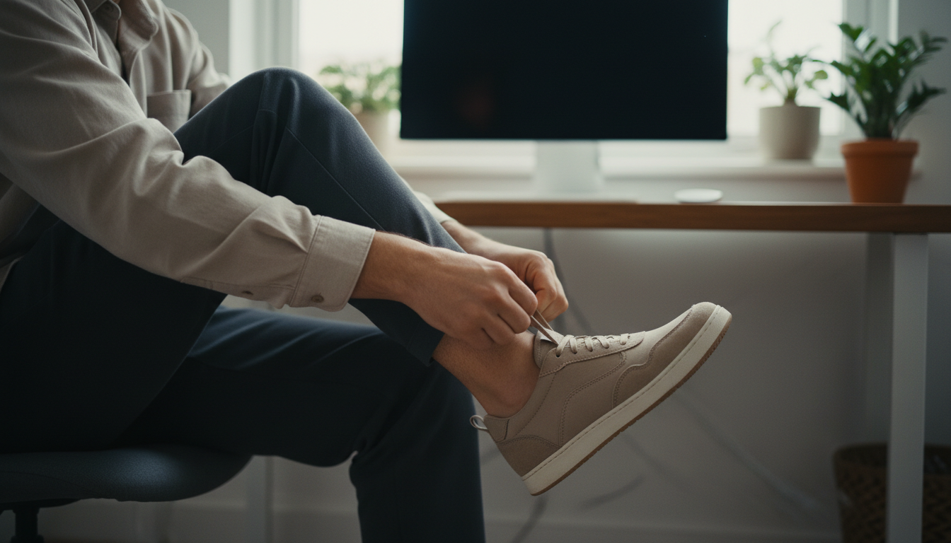 Man checking insoles for work boots to prevent foot pain