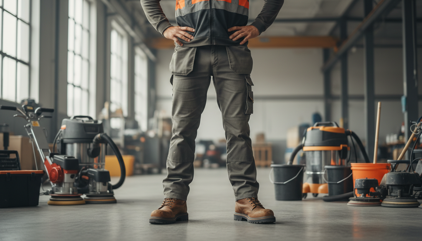 Man wearing work boots with proper insoles in an industrial workplace setting