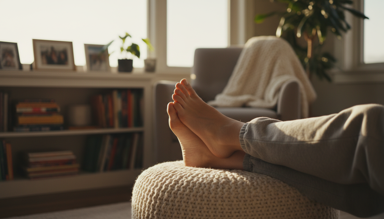 Person massaging tired feet after a long day of walking with memory foam insoles nearby