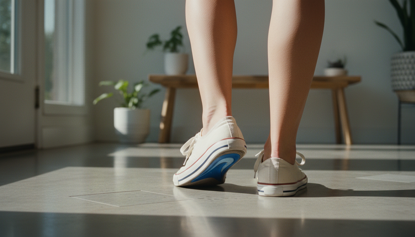 Person standing on hard floor with visible foot fatigue illustration