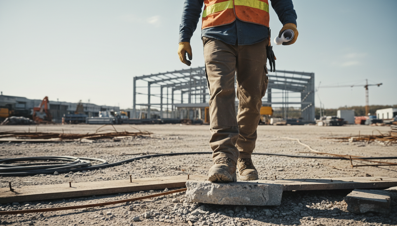 Construction worker wearing safety boots with puncture resistant insoles