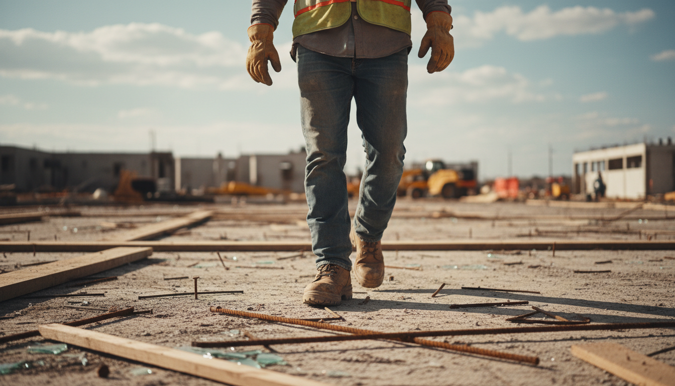 Industrial worker wearing safety boots with puncture resistant insoles on a construction site with visible debris on the floor