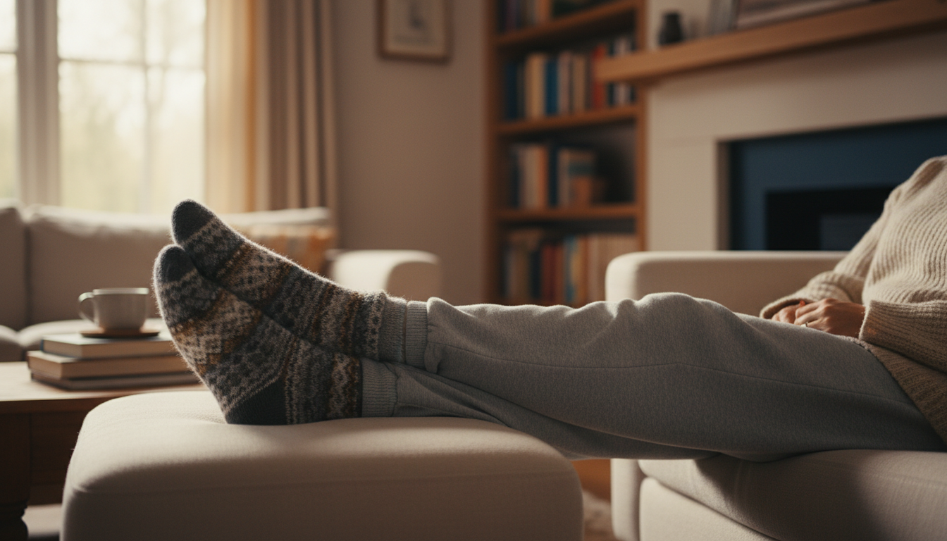 Person relaxing with feet up after using memory foam insoles for foot relief