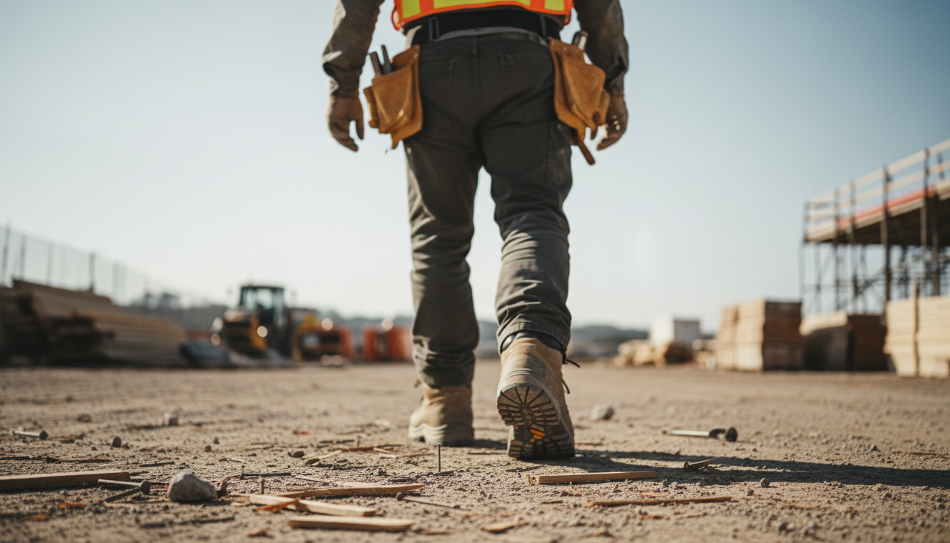 Industrial worker showing proper foot protection equipment at a hazardous worksite
