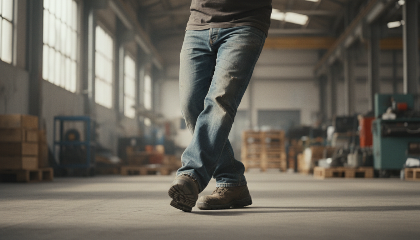 Illustration showing how repetitive workplace movements affect foot alignment and posture