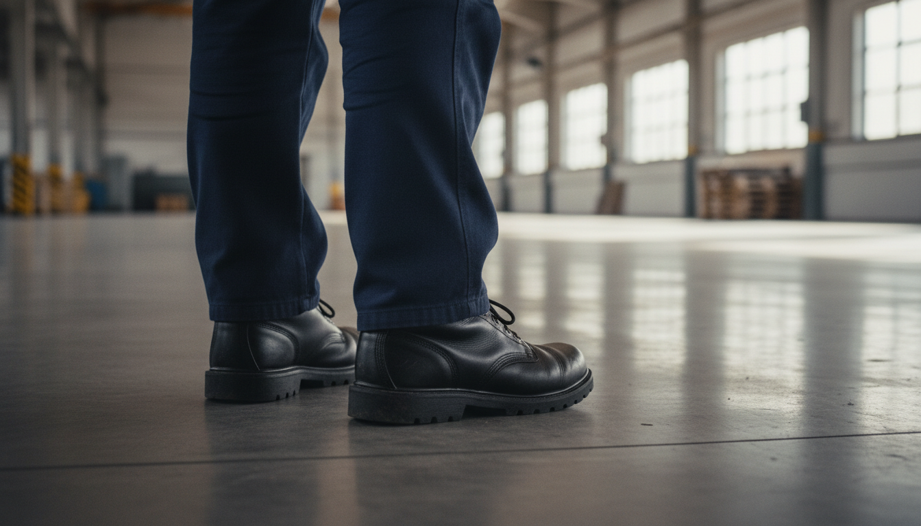 Person standing on hard floor with supportive insoles for foot strain relief