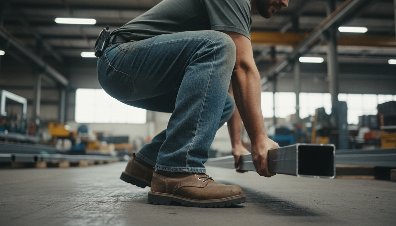 Worker wearing proper foot support insoles during physically demanding job