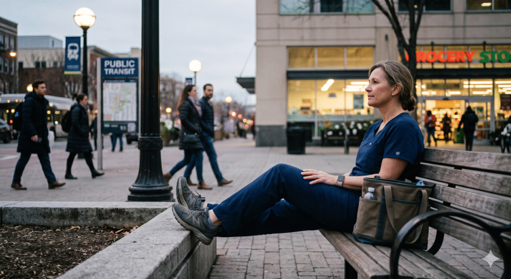A weary female nurse, dressed in dark blue scrubs and worn New Balance sneakers, takes a break at dusk on an urban park bench. Her legs are stretched out with her feet propped up on a concrete retaining wall, and she gazes into the distance. Behind her, out-of-focus pedestrians walk along a sidewalk near lampposts and public transit signs. A grocery store with a neon sign is visible in the background.
