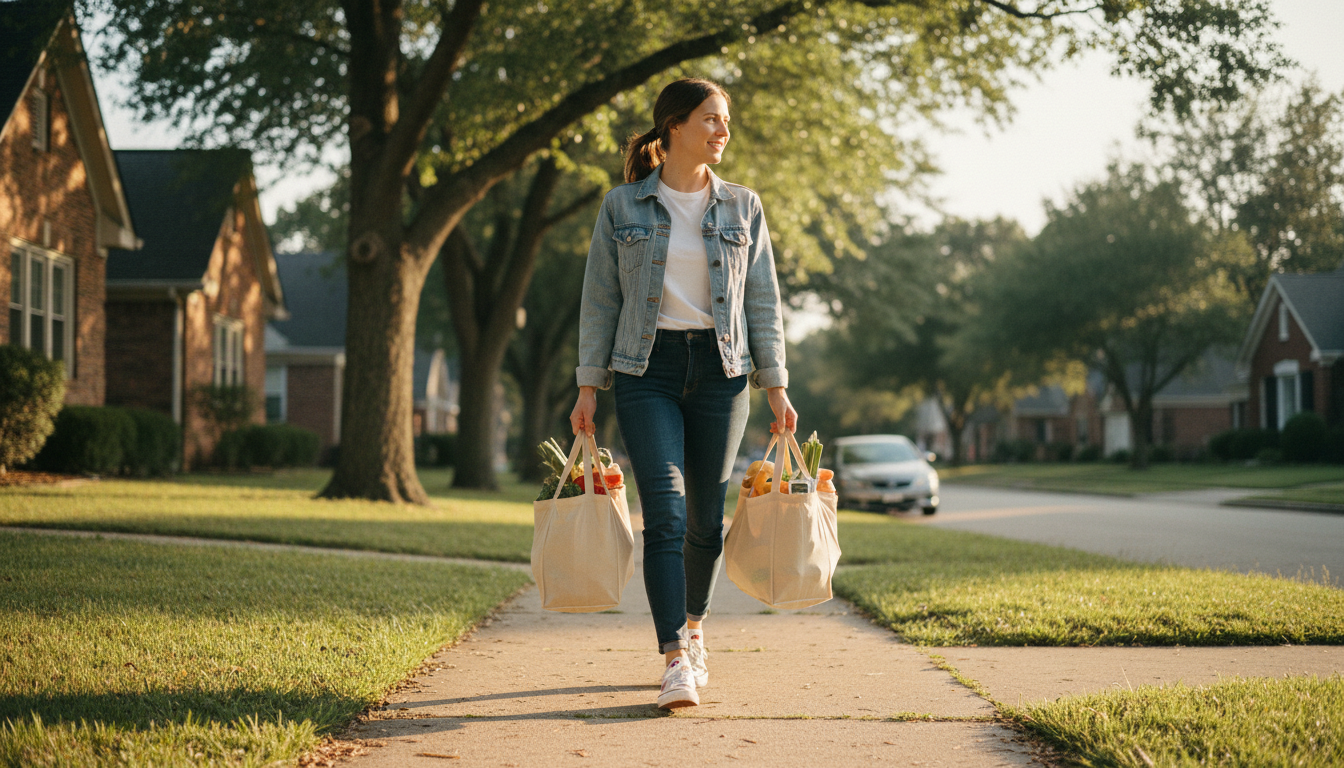 Person carrying heavy bags showing changes in walking pattern and posture