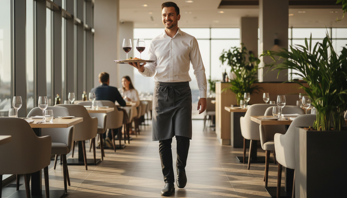 Hospitality worker standing comfortably during a busy shift with proper footwear support