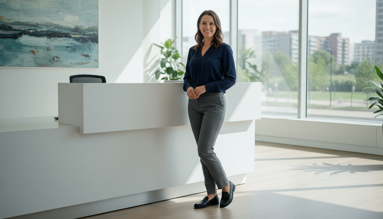 Person demonstrating proper standing posture to reduce foot fatigue during long work shifts