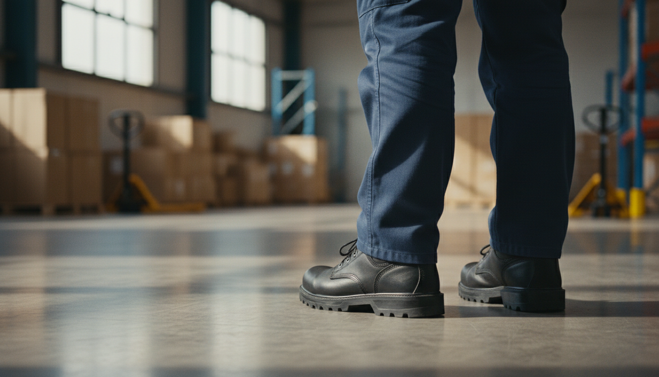 Person standing on concrete floor experiencing foot pain and discomfort from prolonged standing