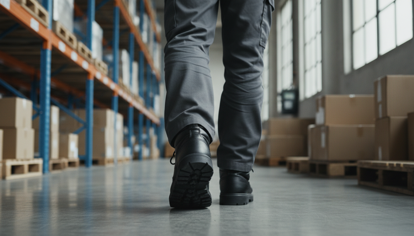 Warehouse worker standing comfortably demonstrating proper footwear and posture to reduce foot and ankle strain