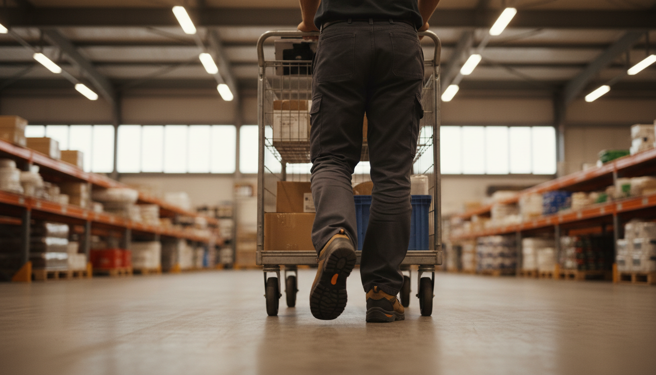 Warehouse worker experiencing foot fatigue during picking shift