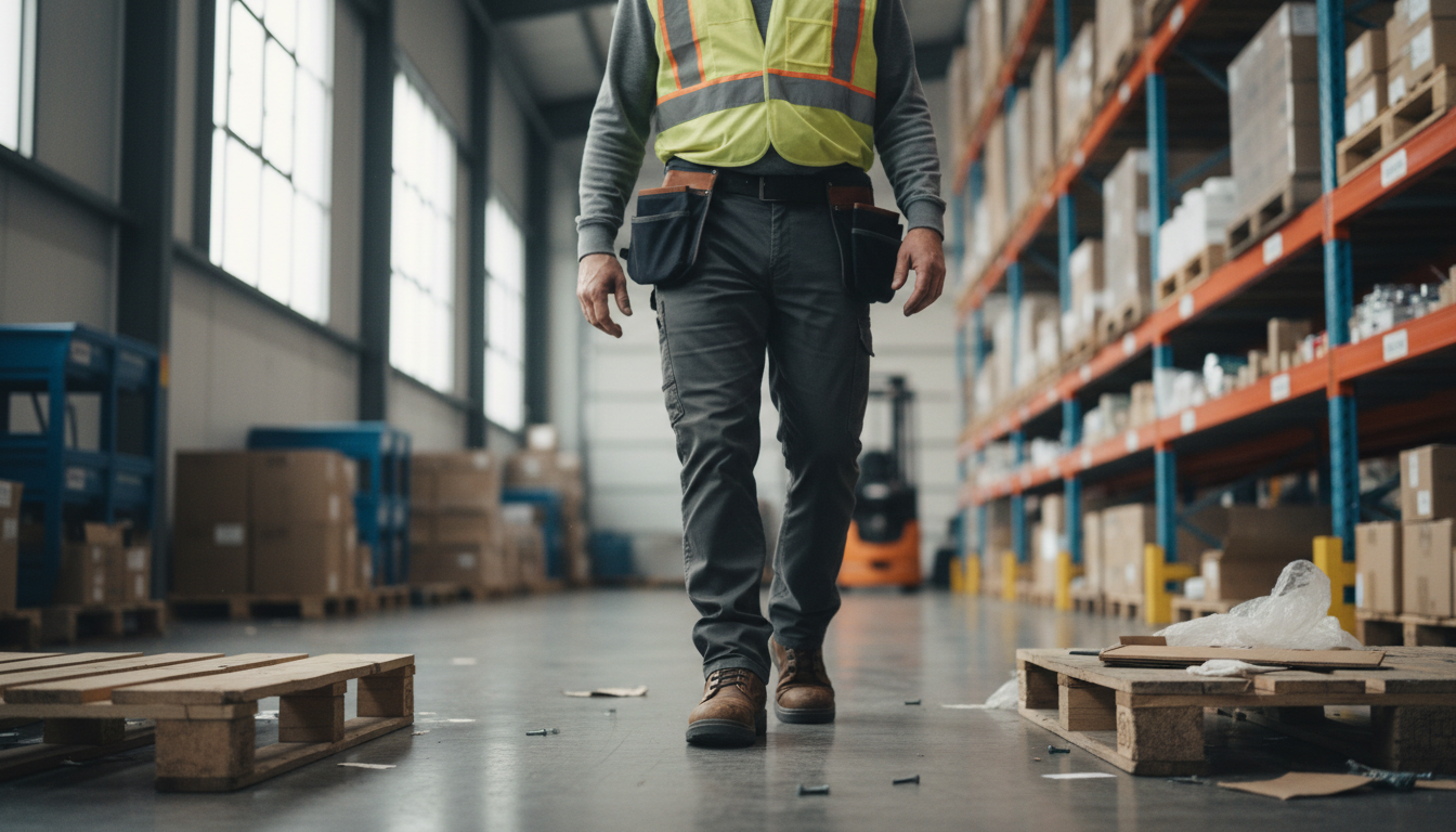 Warehouse worker examining foot hazards and protective safety equipment