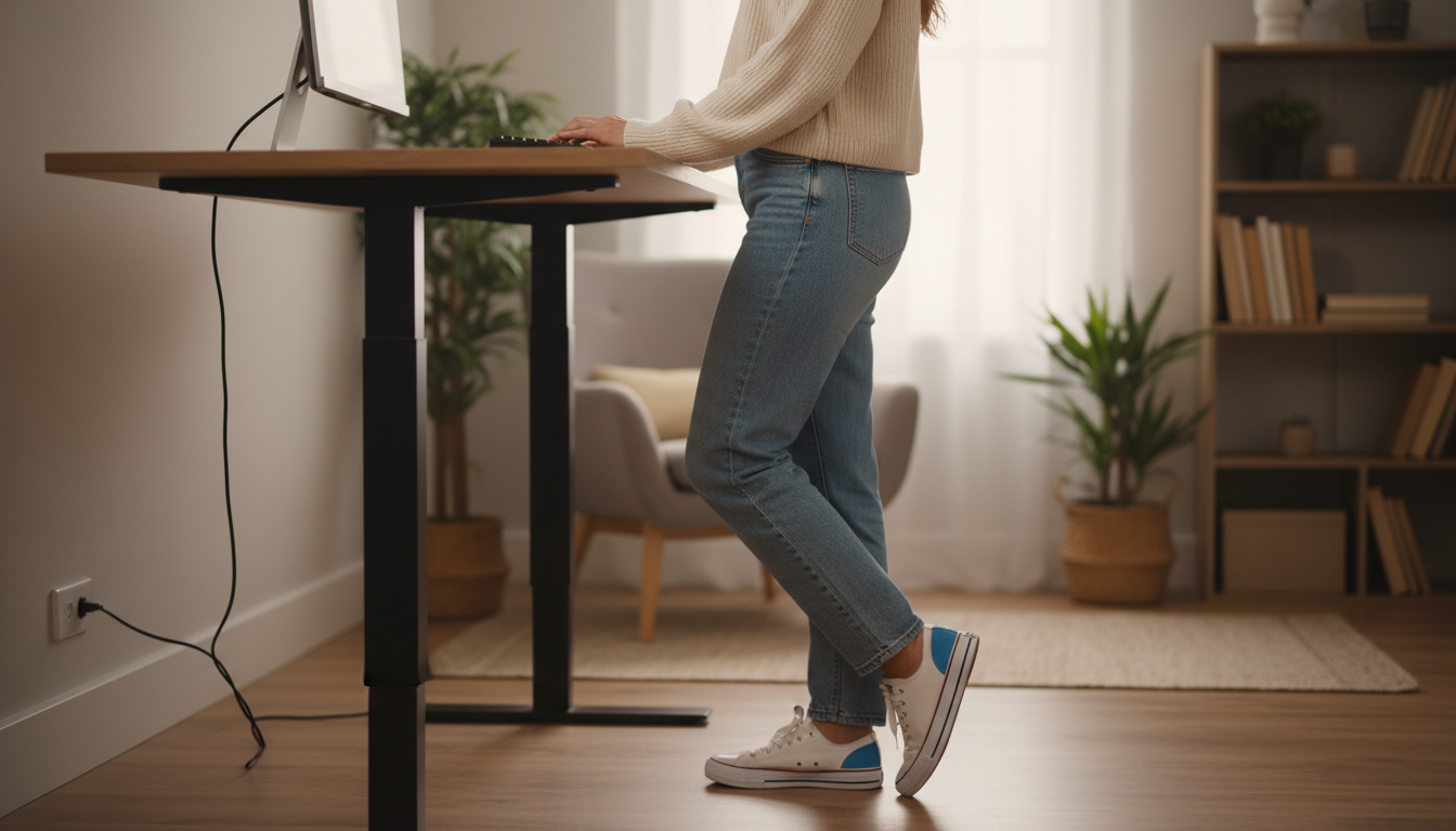 Why Foot Comfort Influences Your Entire Workday - Professional standing at desk with comfortable footwear
