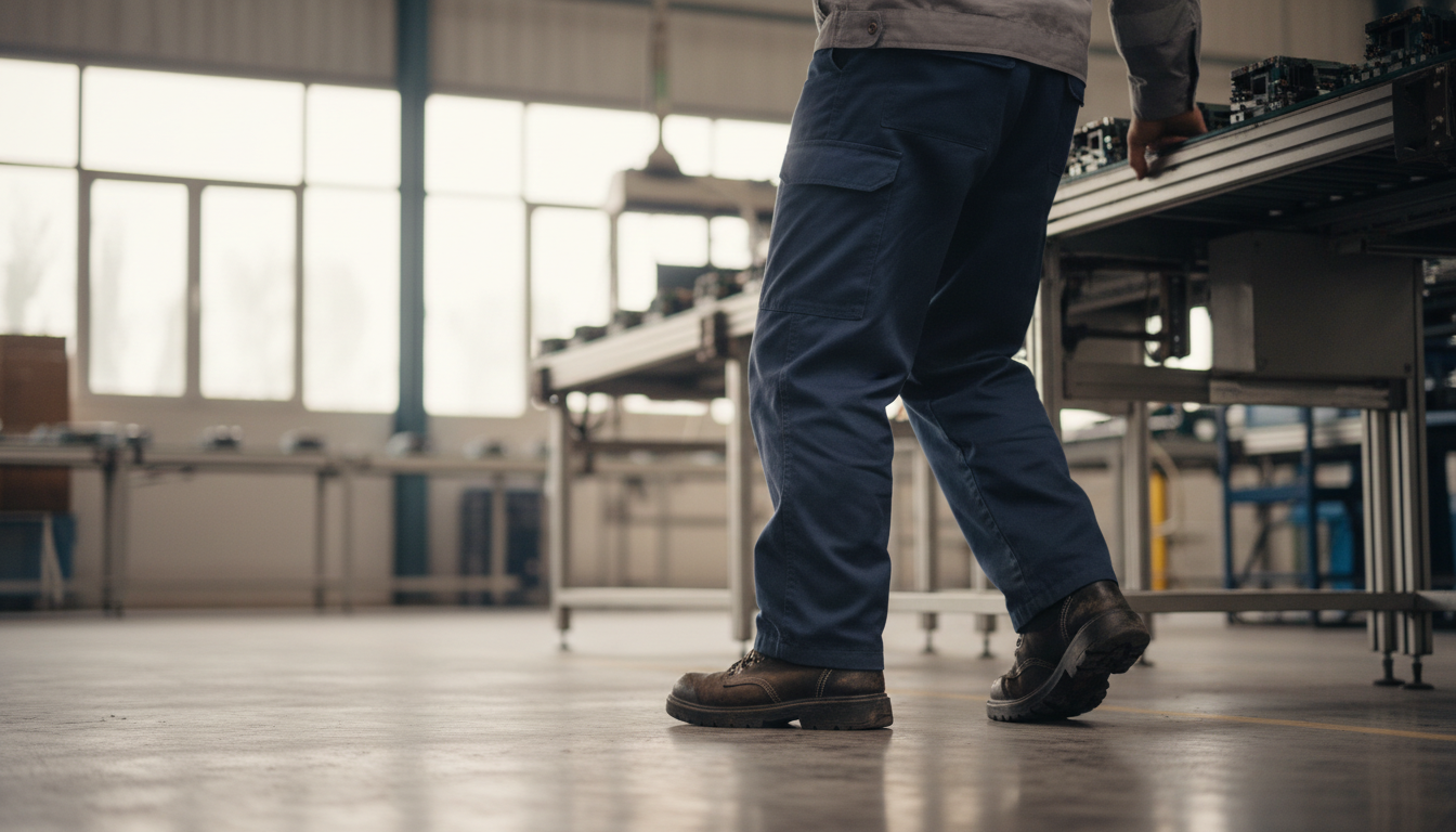 Proper foot positioning during repetitive work tasks for comfort and injury prevention