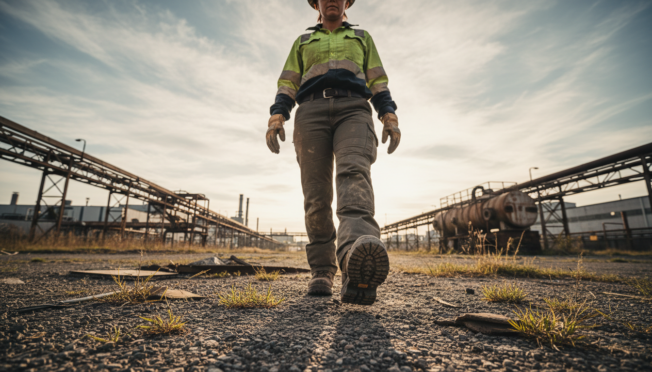 Worker standing on various ground conditions showing impact on foot safety