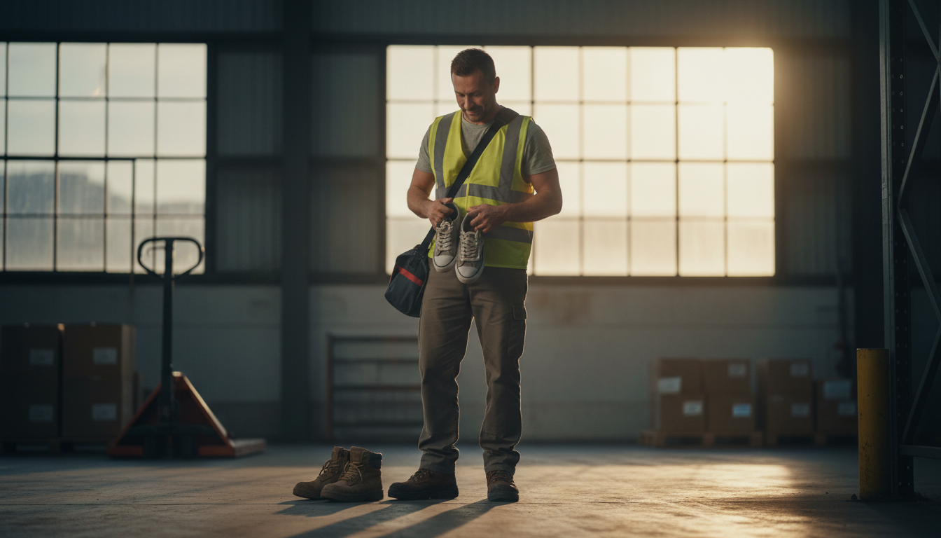 Worker standing comfortably during long shift without foot fatigue