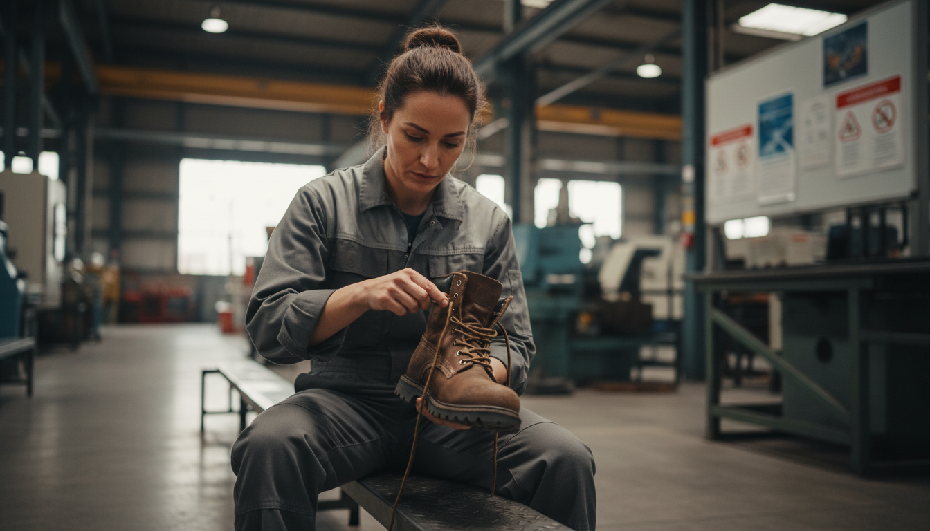 Work boots inspection showing safety risks and protective features including puncture resistant insoles