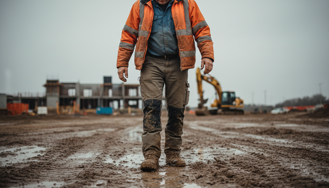 Seasonal job site hazards showing workers in various weather conditions requiring puncture resistant insoles