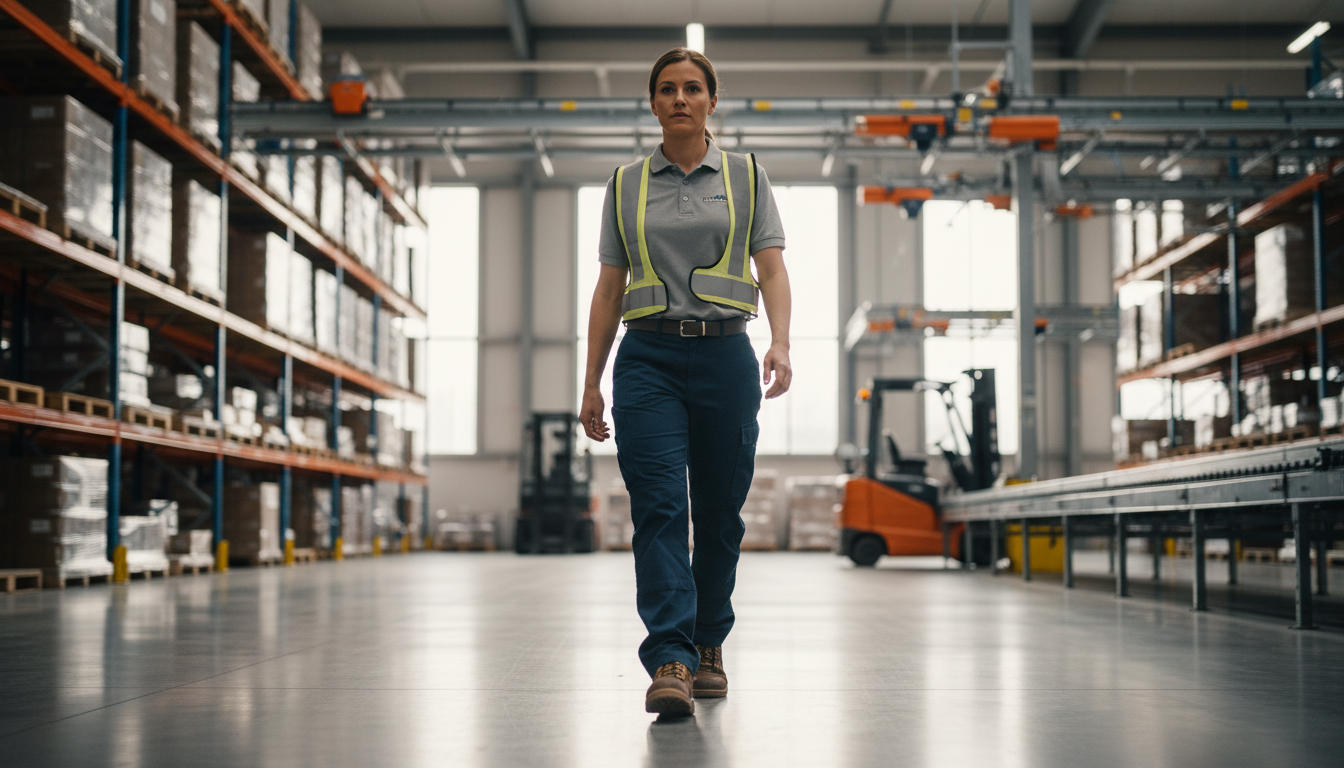 Clean worksite with worker wearing protective footwear and steel plate insoles for safety