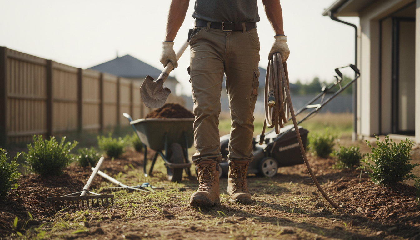 Landscaping worker wearing protective footwear while maintaining outdoor grounds